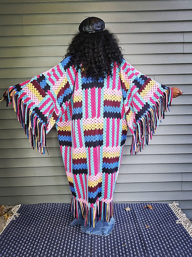 FLY GIRL CARDI | HOODED OPEN FRONT LONG CROCHET COAT KIMONO - PINK BLACK TURQUOISE BLEND