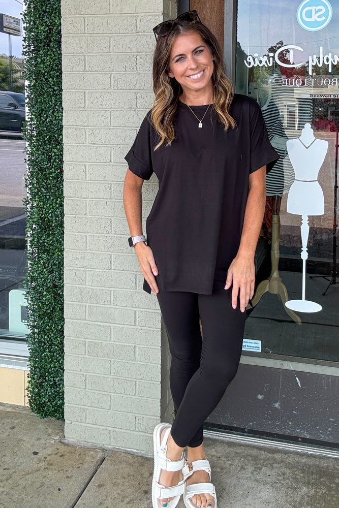 Black Cotton Round Neck Top & Legging Set