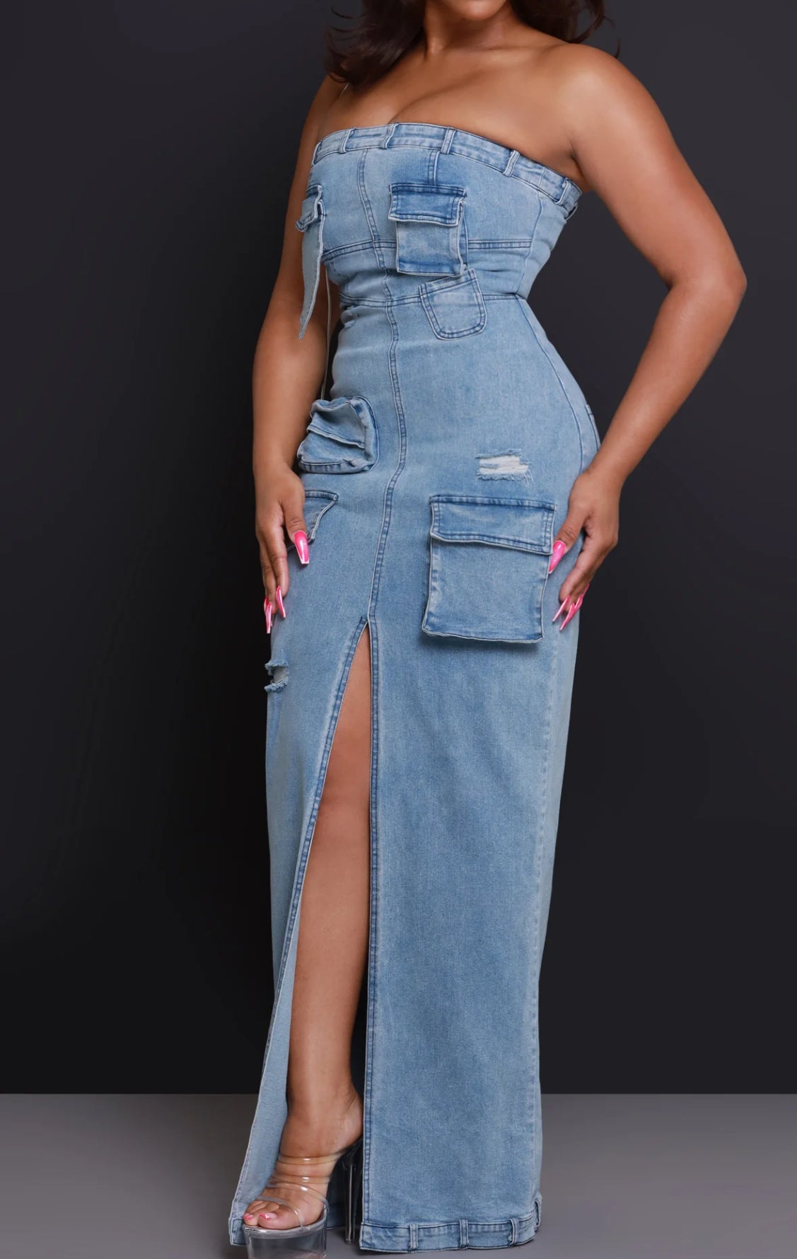 Denim Cargo Long Maxi Dress