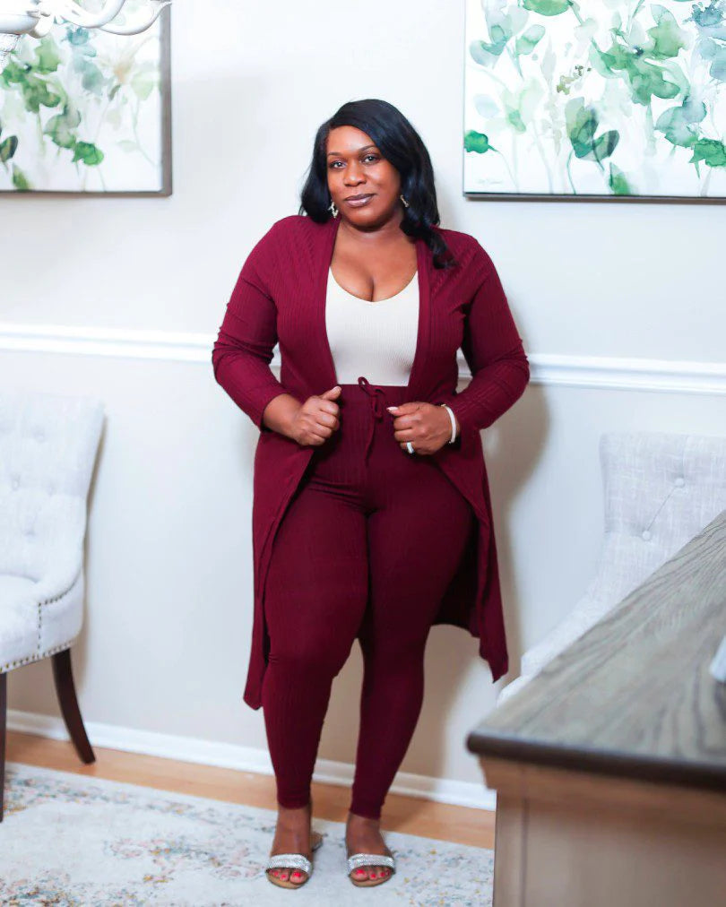 Plus Size | Rich Ribbed Long Cardigan & Leggings Set (6 Colors)