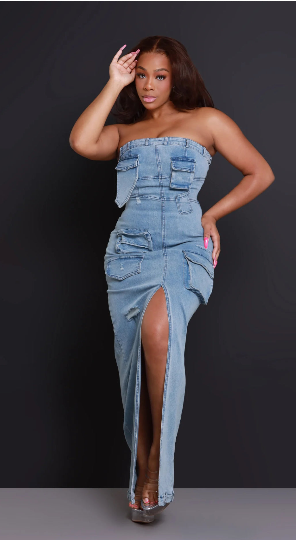 Denim Cargo Long Maxi Dress