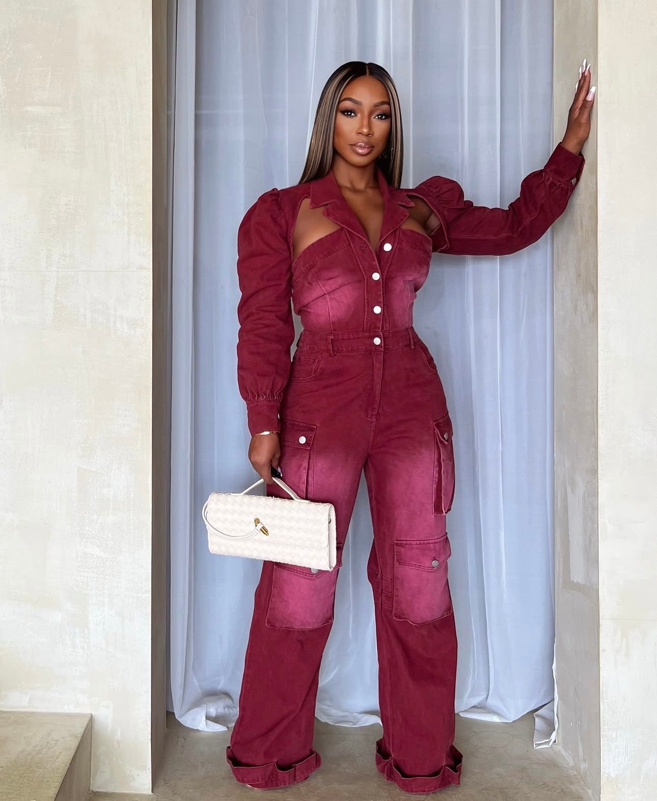 Wine Utility Denim Jumpsuit