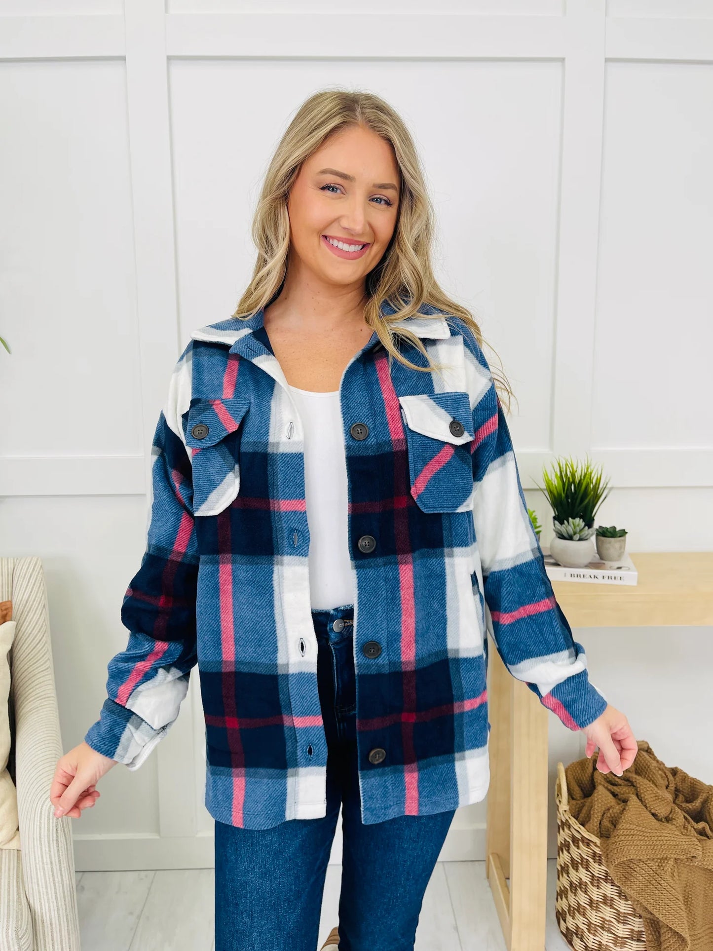 Blue Oversized Plaid Fleece Shacket