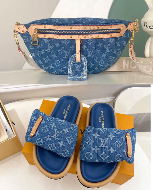 Monogram Denim Fanny Pack + Pillow Flat Comfort Mules