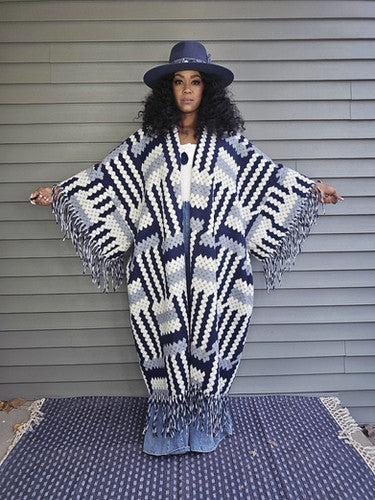 FLY GIRL CARDI | OPEN FRONT LONG COAT KIMONO - GRAY NAVY WHITE BLEND PREORDER SHIPS WITHIN 15 BUSINESS DAYS