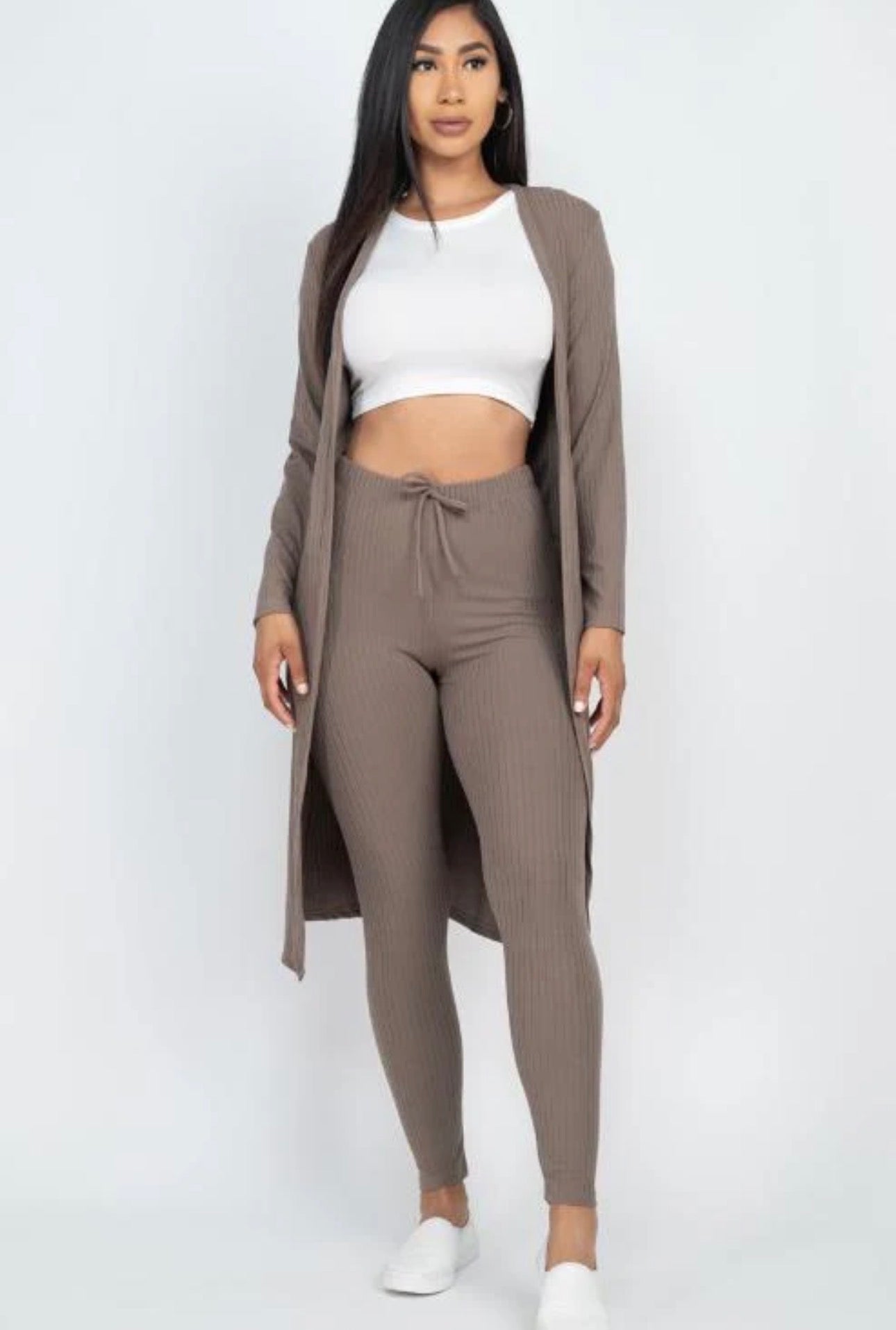 Rich Ribbed Long Sleeve Cardigan + Leggings Set (Small Med Large)