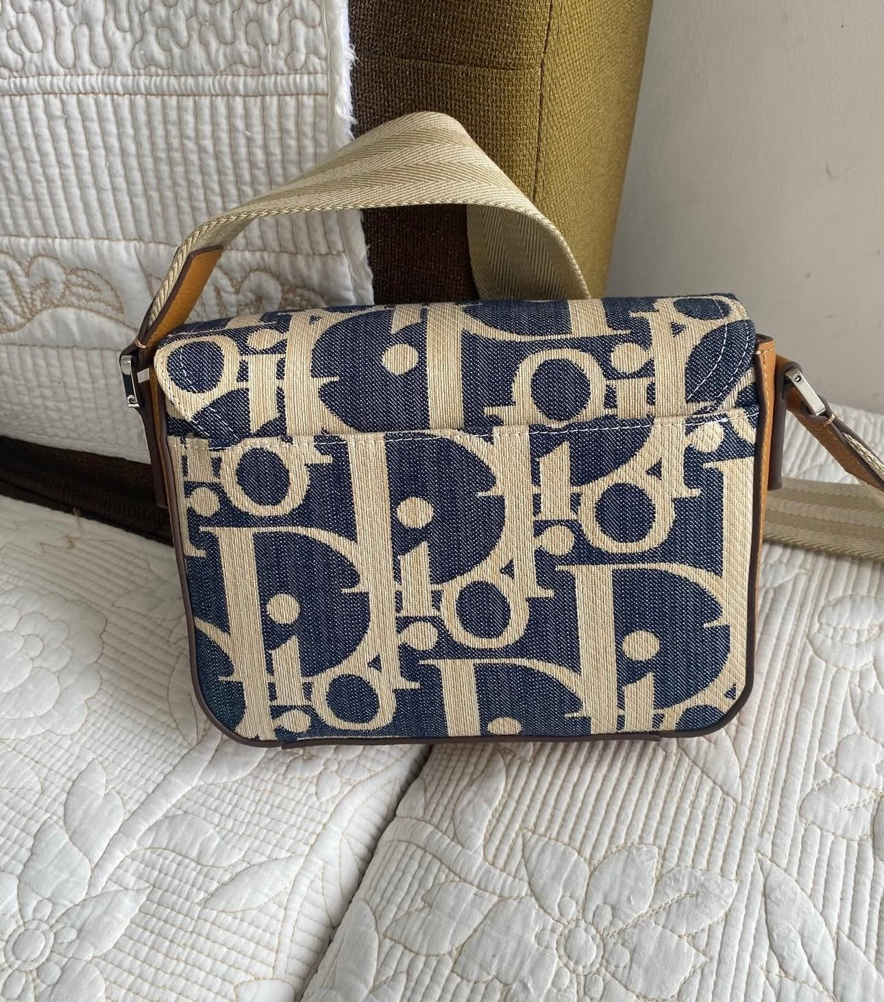 Saddle Messenger Bag Blue and Beige Raffia-Effect Oblique Denim with Brown