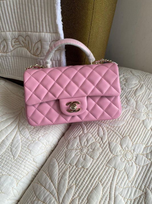 Pink/Green Coco Lambskin Quilted Mini Top Handle Flap Bag