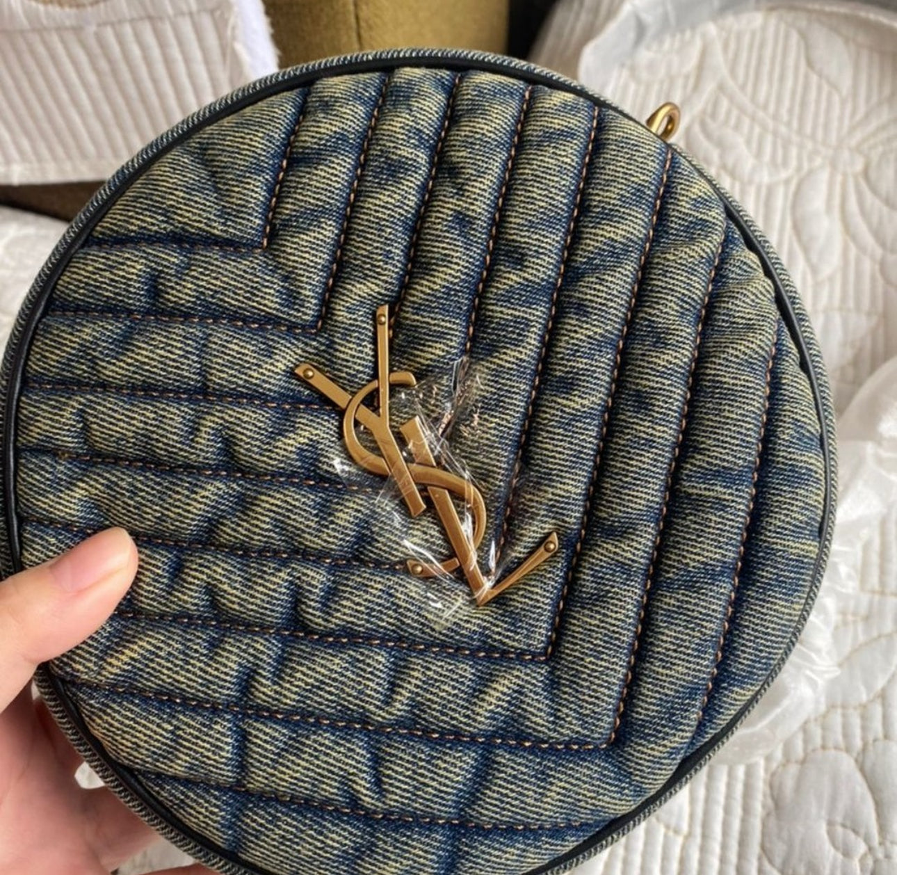 Saint Laurent Round Quilted Denim Crossbody Bag