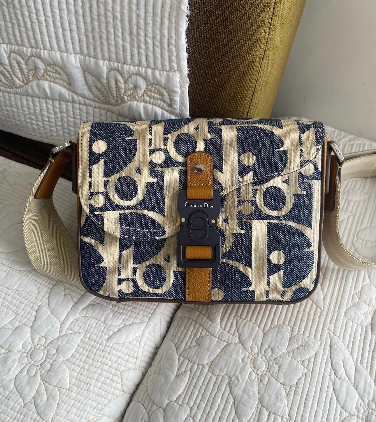 Saddle Messenger Bag Blue and Beige Raffia-Effect Oblique Denim with Brown