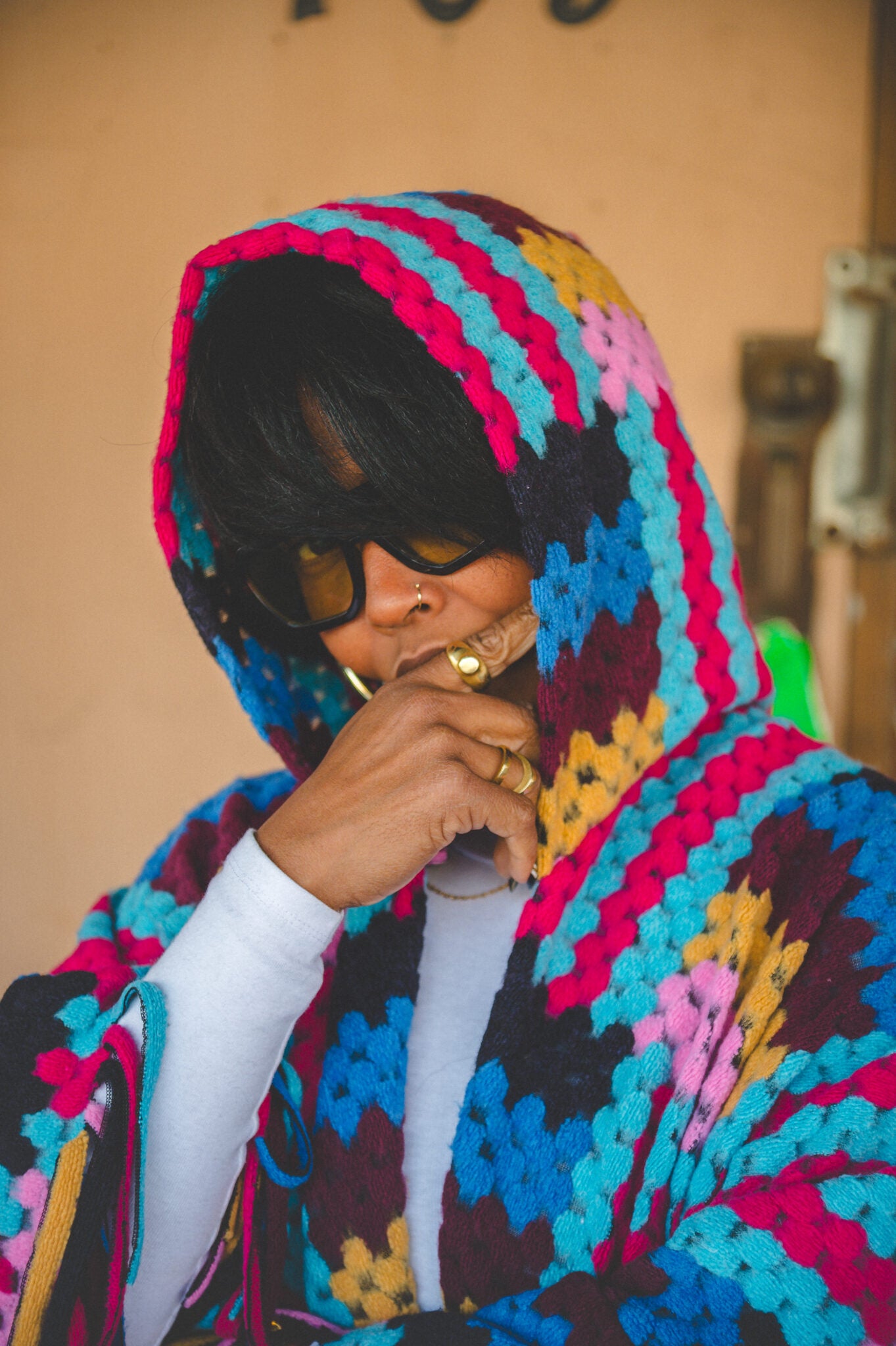 FLY GIRL CARDI | HOODED OPEN FRONT LONG CROCHET COAT KIMONO - PINK BLACK TURQUOISE BLEND