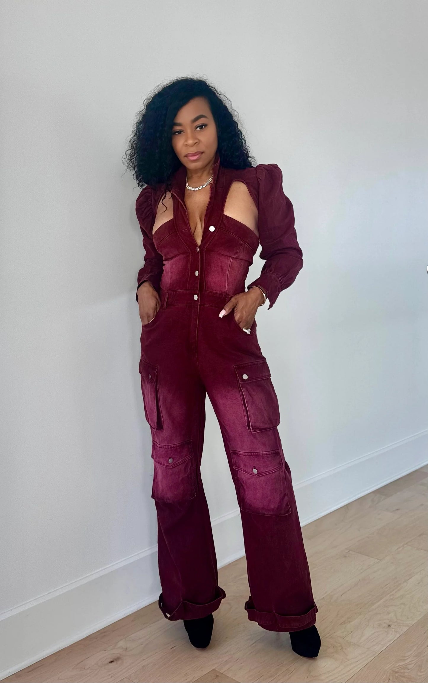 Wine Utility Denim Jumpsuit