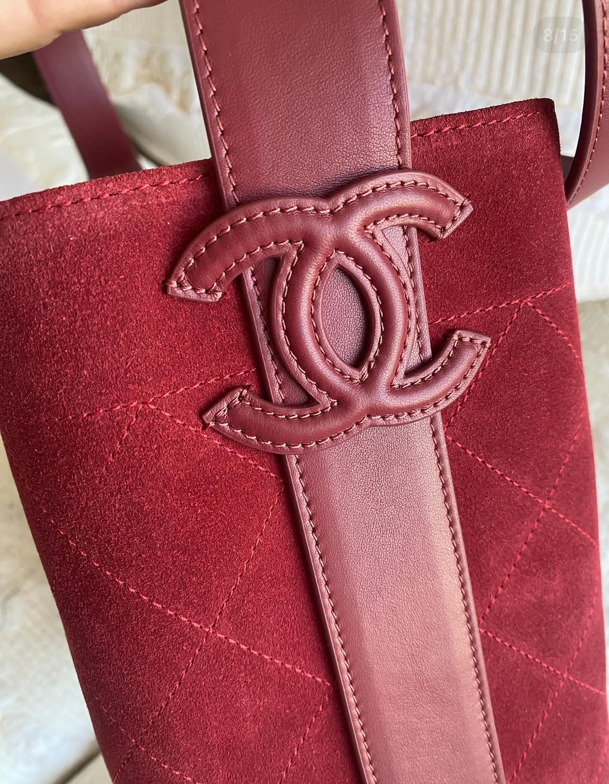 “CC Loop" Drawstring Bucket Bag in dark burgundy