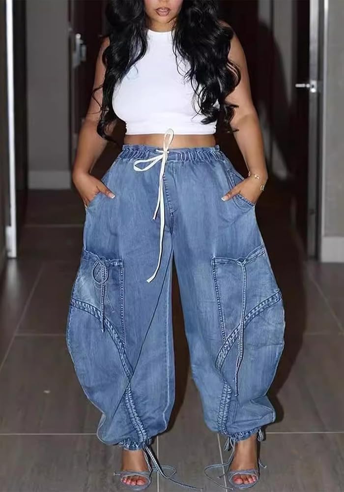 PLUS | Urban Chic Drawstring Denim Cargo Pants