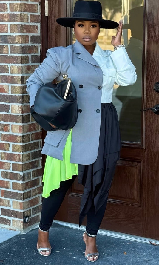 Colorblock Blazer with Layered Skirt Detail