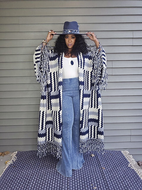 FLY GIRL CARDI | OPEN FRONT LONG COAT KIMONO - GRAY NAVY WHITE BLEND PREORDER SHIPS WITHIN 15 BUSINESS DAYS