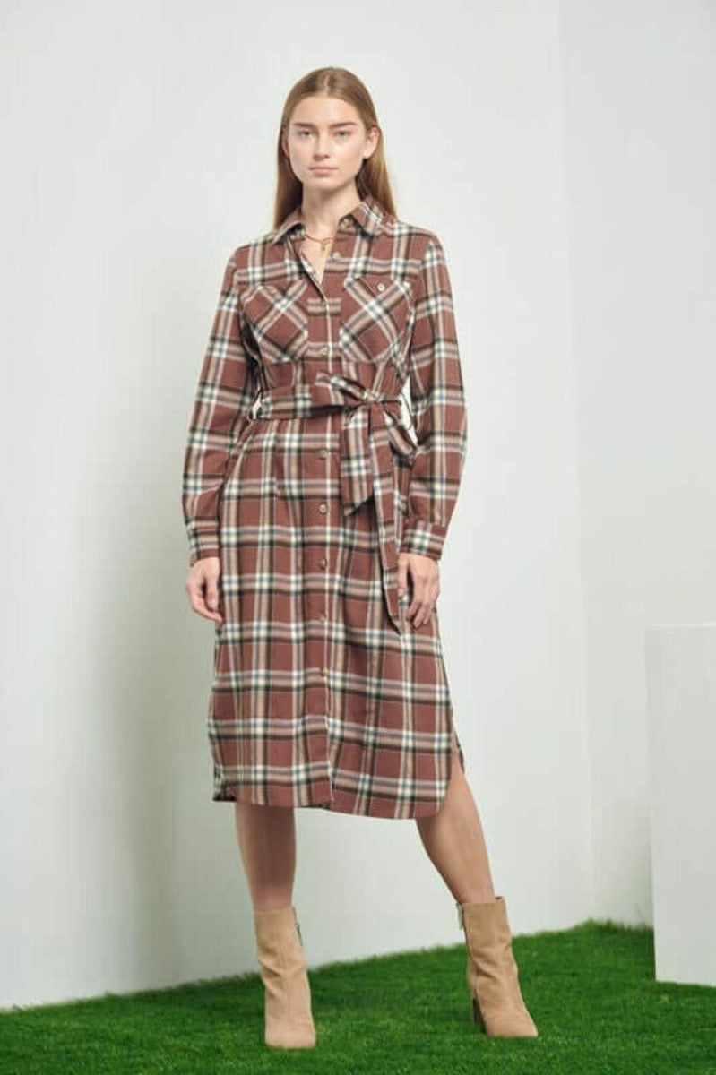 PLAID PRINT COLLAR LONG SHIRT DRESS | PLUS