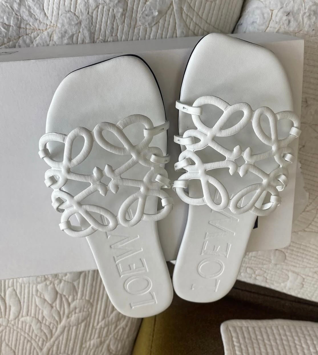 White Petal Leather Anagram Slide Sandals