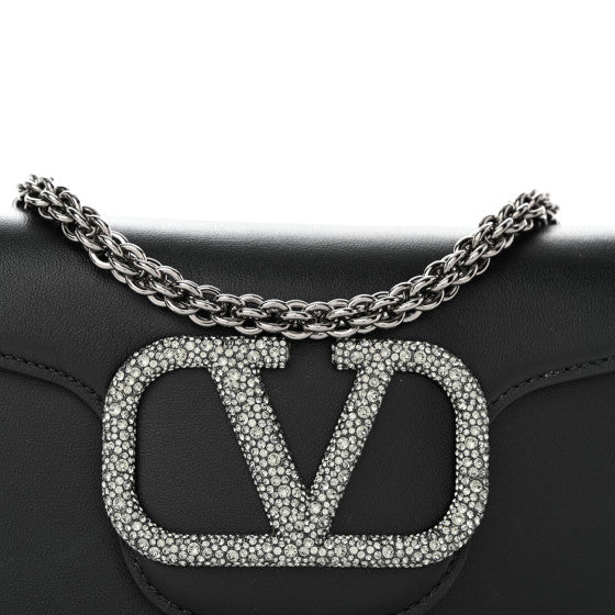 Calfskin Crystal Vlogo Small Loco Shoulder Bag Black