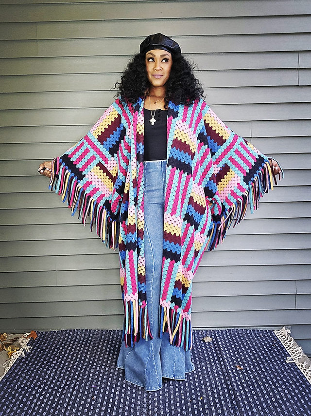 FLY GIRL CARDI | HOODED OPEN FRONT LONG CROCHET COAT KIMONO - PINK BLACK TURQUOISE BLEND