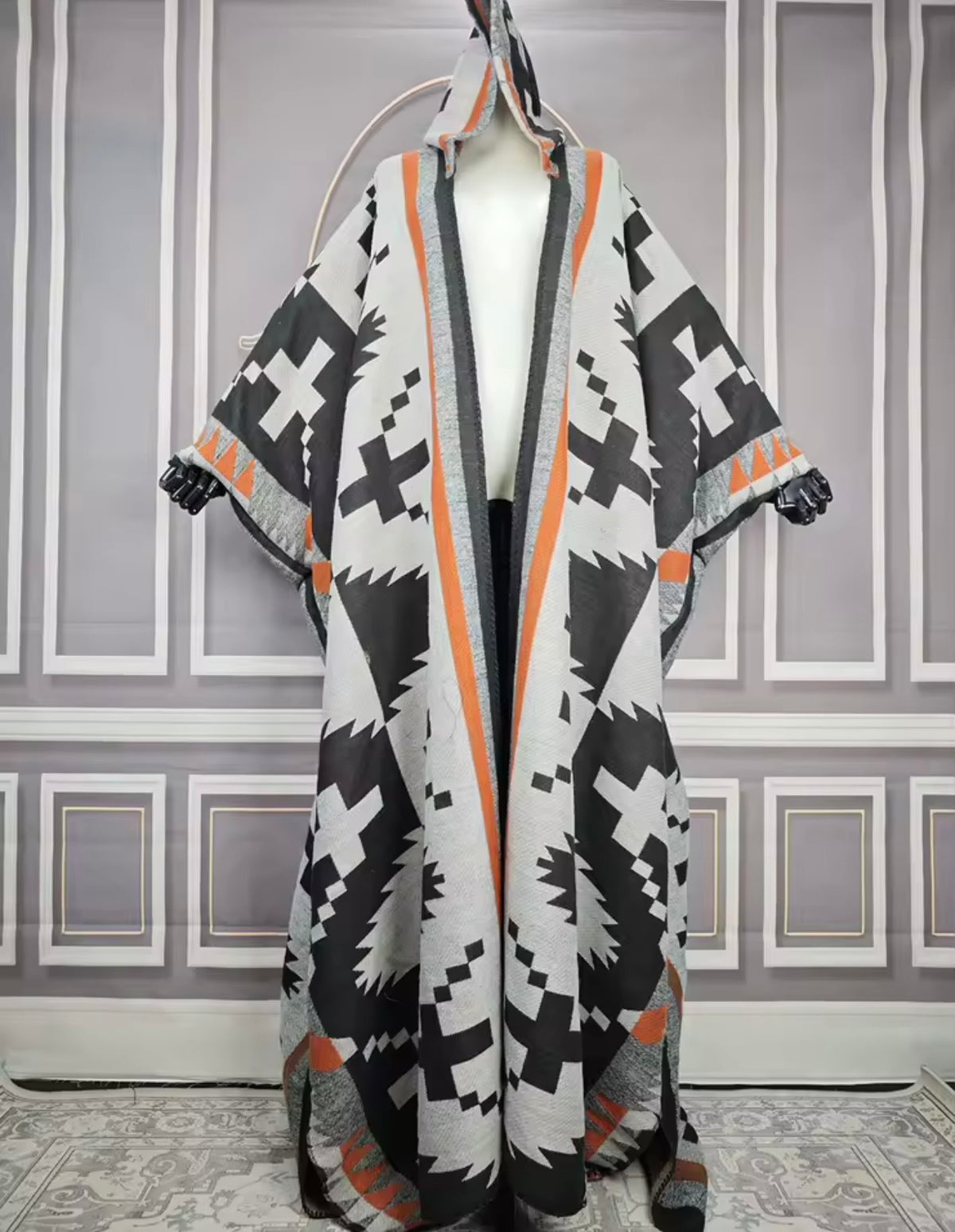 Hooded Gray Orange & Black Kimono Cardigan -- Ships within 10-15 business days from order date