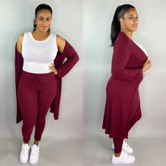 Rich Ribbed Long Sleeve Cardigan + Leggings Set (Small Med Large)