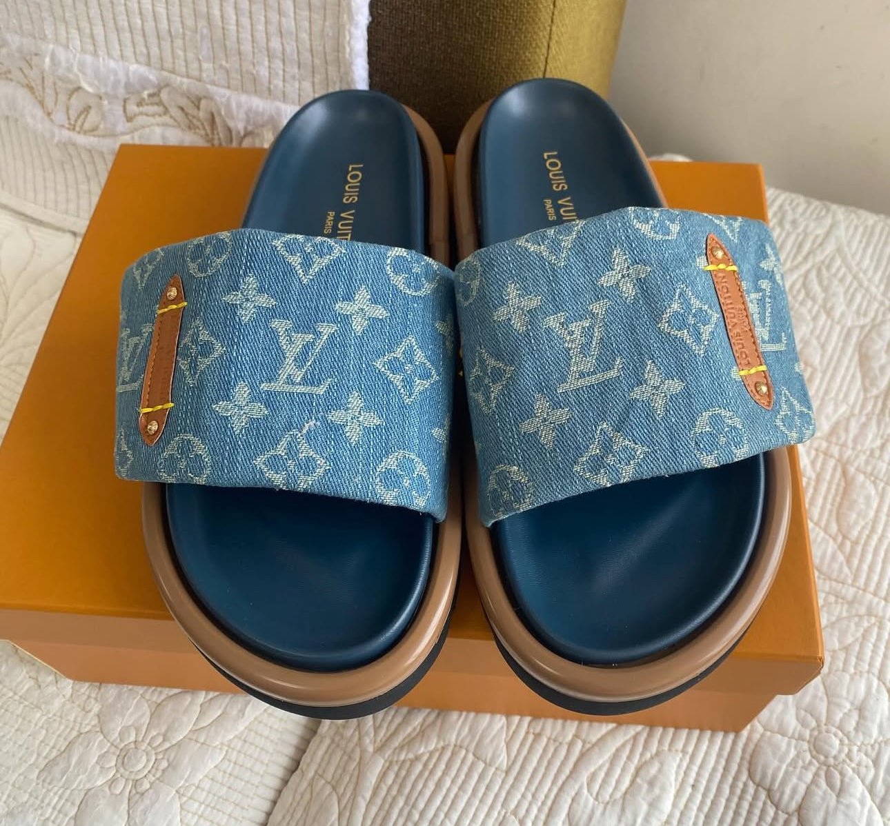 Monogram Denim Fanny Pack + Pillow Flat Comfort Mules
