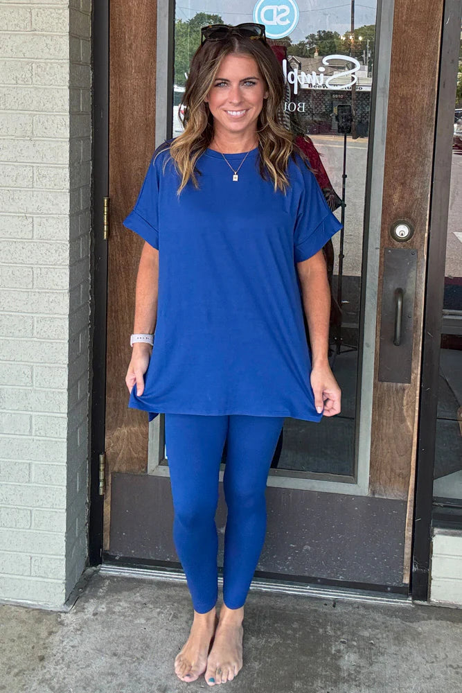 Blue Cotton Round Neck Top & Legging Set