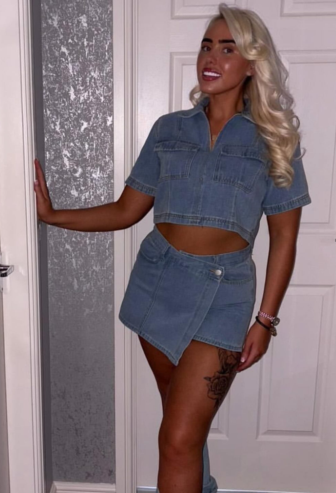 Cropped Denim Shirt And Skort Set