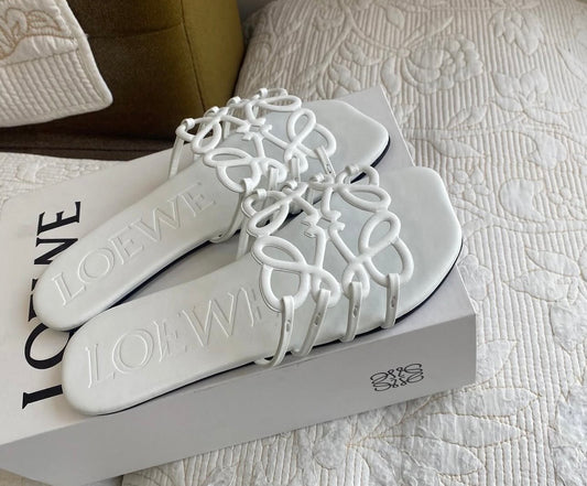 White Petal Leather Anagram Slide Sandals