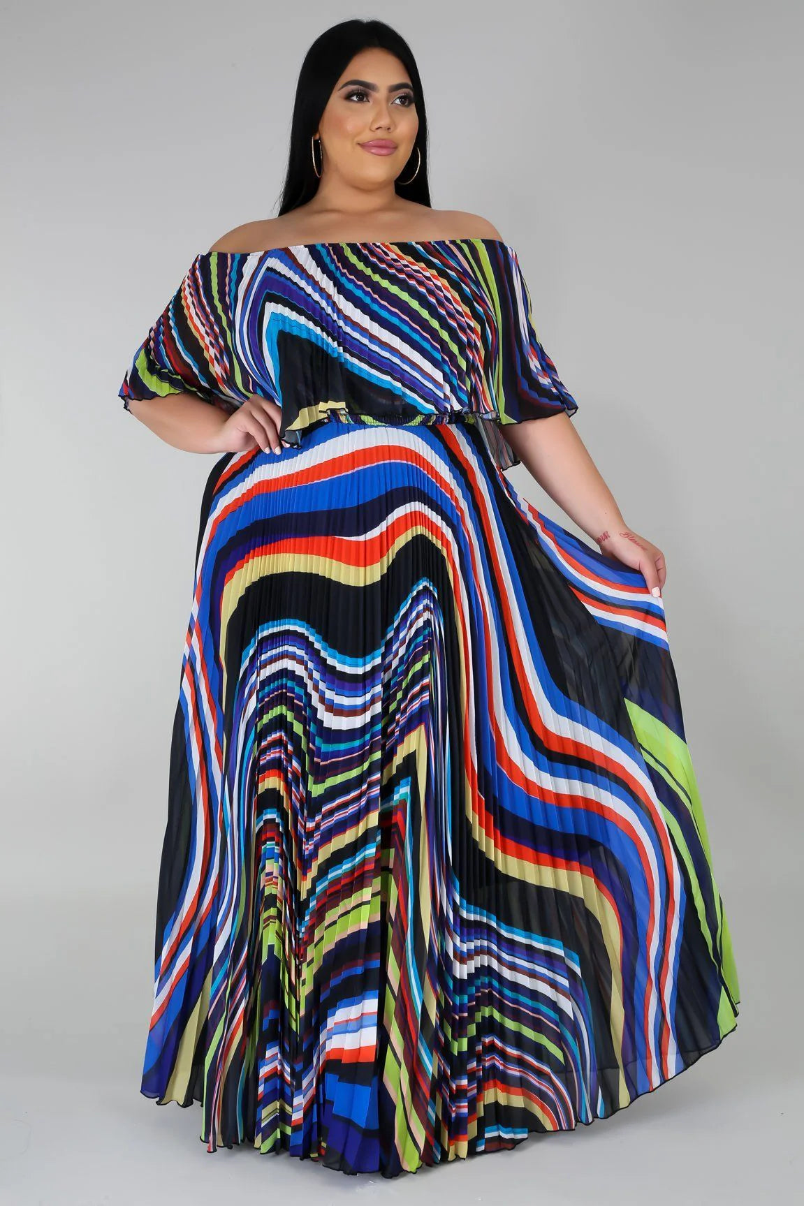 Geo Printed Off Shoulder Pleated Maxi Dress (1X-3X)