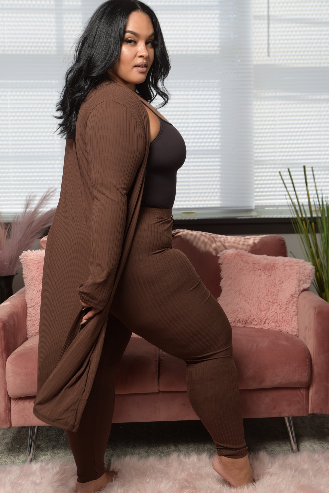 Plus Size | Rich Ribbed Long Cardigan & Leggings Set (6 Colors)