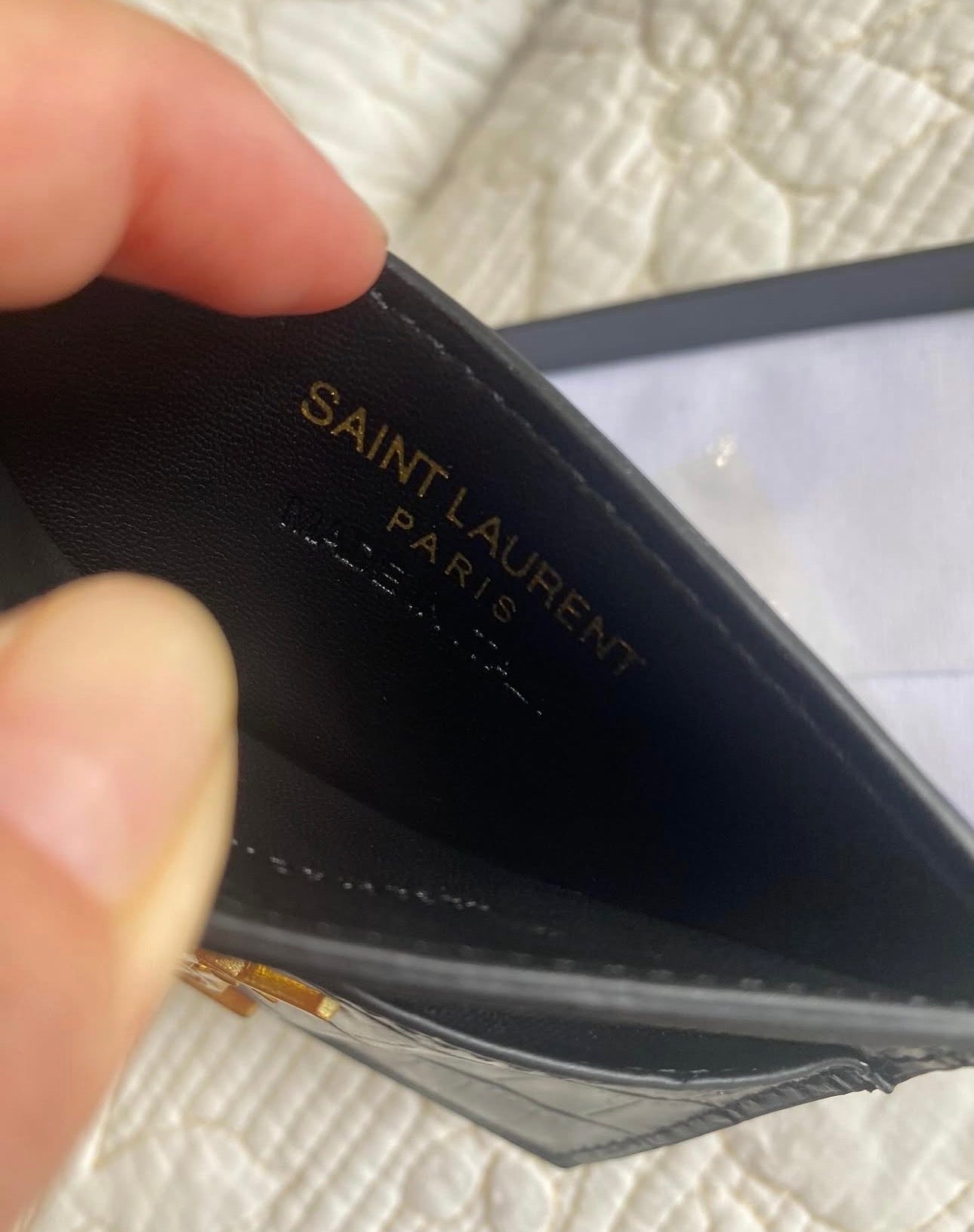 Cassandre Saint Laurent Card Case in Crocodile-Embossed Shiny Leather