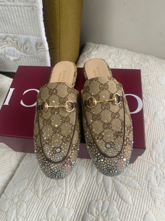 Princetown Crystal GG Canvas Mules