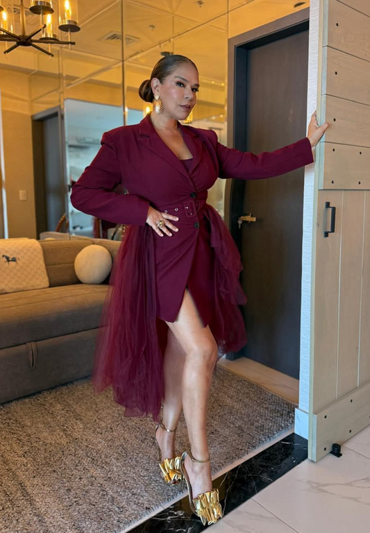 Baddie in Burgundy | Tulle Overlay Blazer Dress