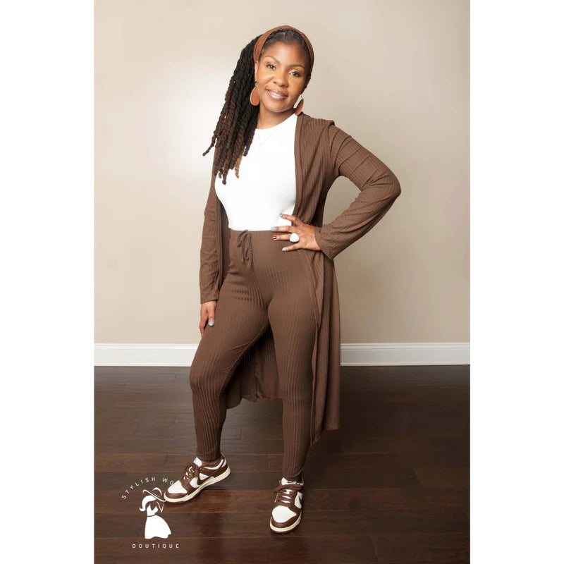 Rich Ribbed Long Sleeve Cardigan + Leggings Set (Small Med Large)