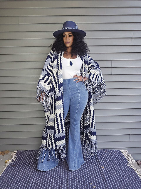 FLY GIRL CARDI | OPEN FRONT LONG COAT KIMONO - GRAY NAVY WHITE BLEND PREORDER SHIPS WITHIN 15 BUSINESS DAYS