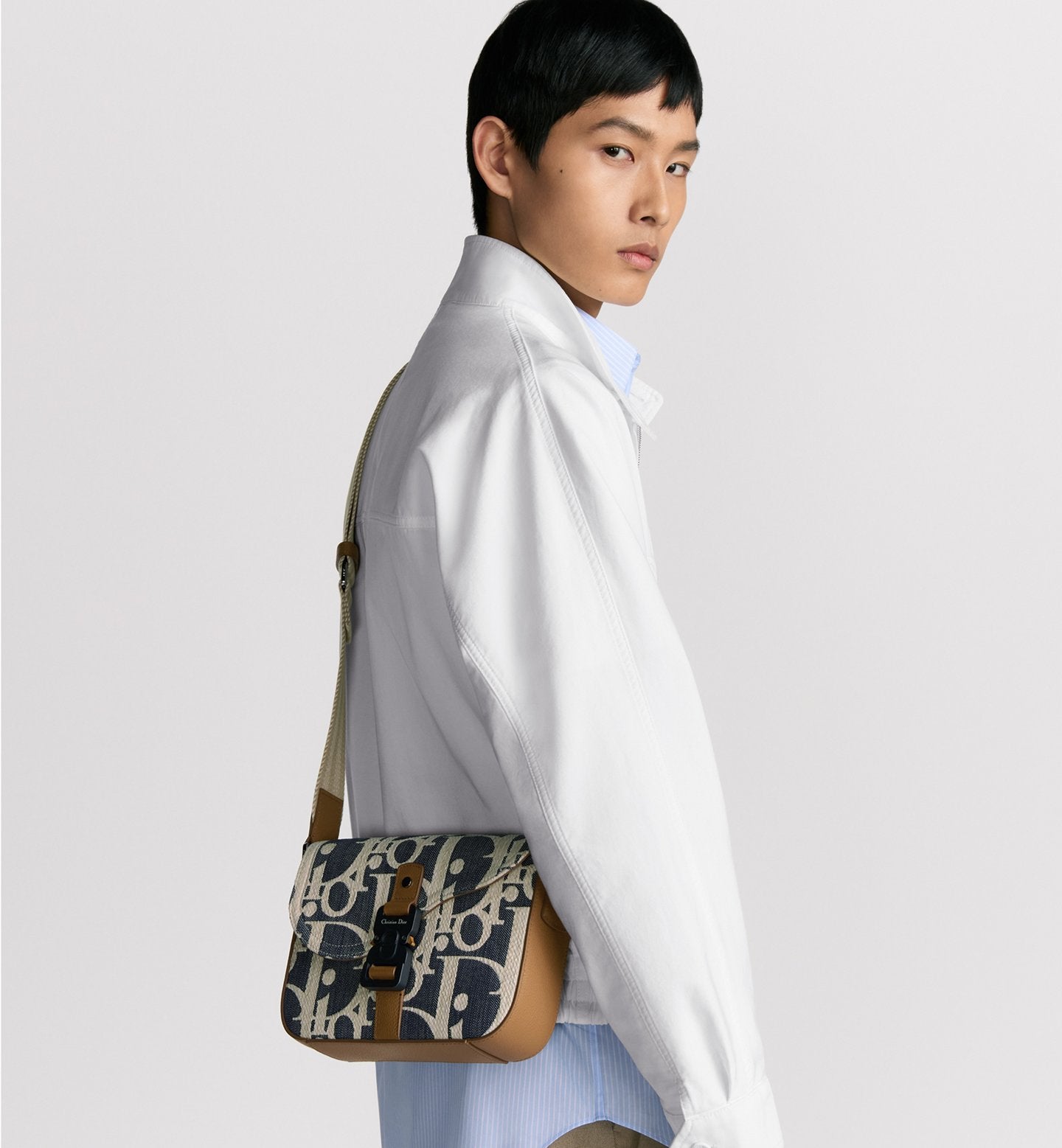 Saddle Messenger Bag Blue and Beige Raffia-Effect Oblique Denim with Brown