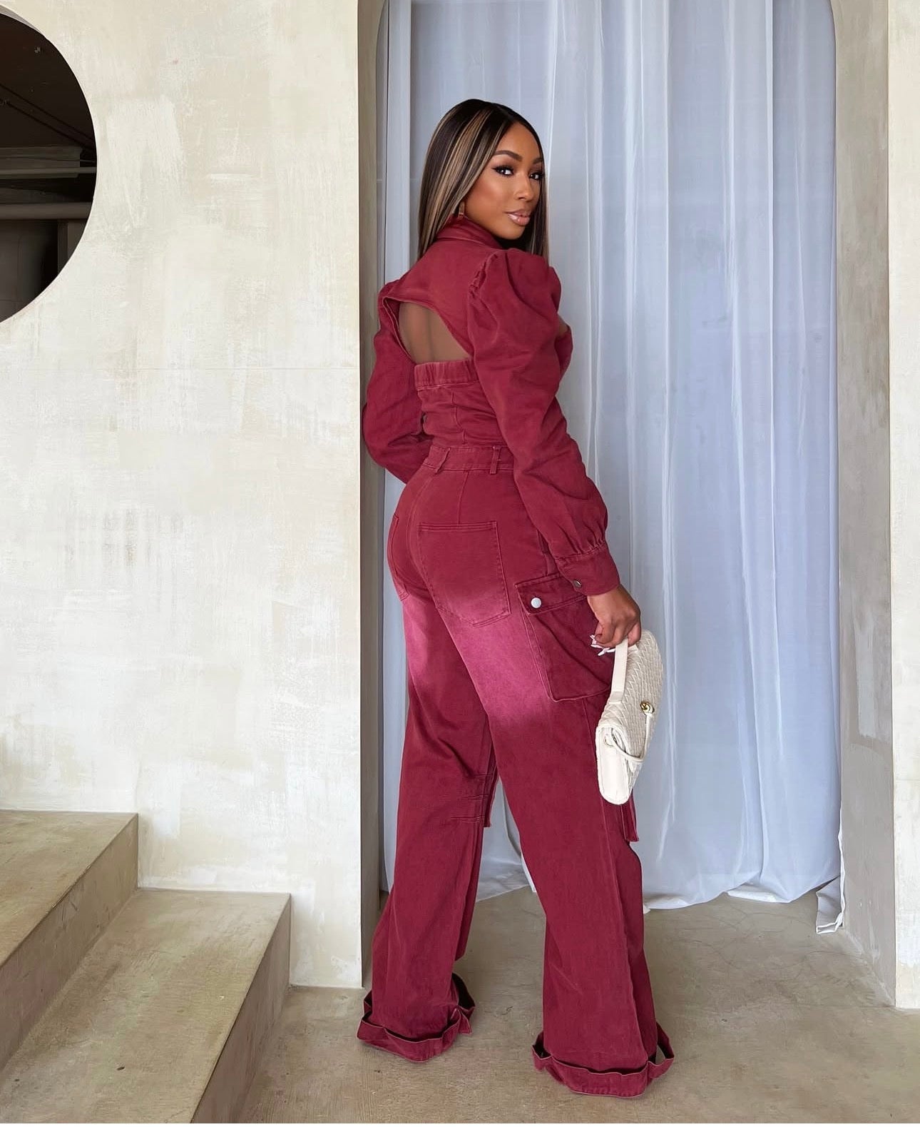 Wine Utility Denim Jumpsuit