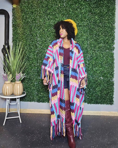 FLY GIRL CARDI | HOODED OPEN FRONT LONG CROCHET COAT KIMONO - PINK BLACK TURQUOISE BLEND