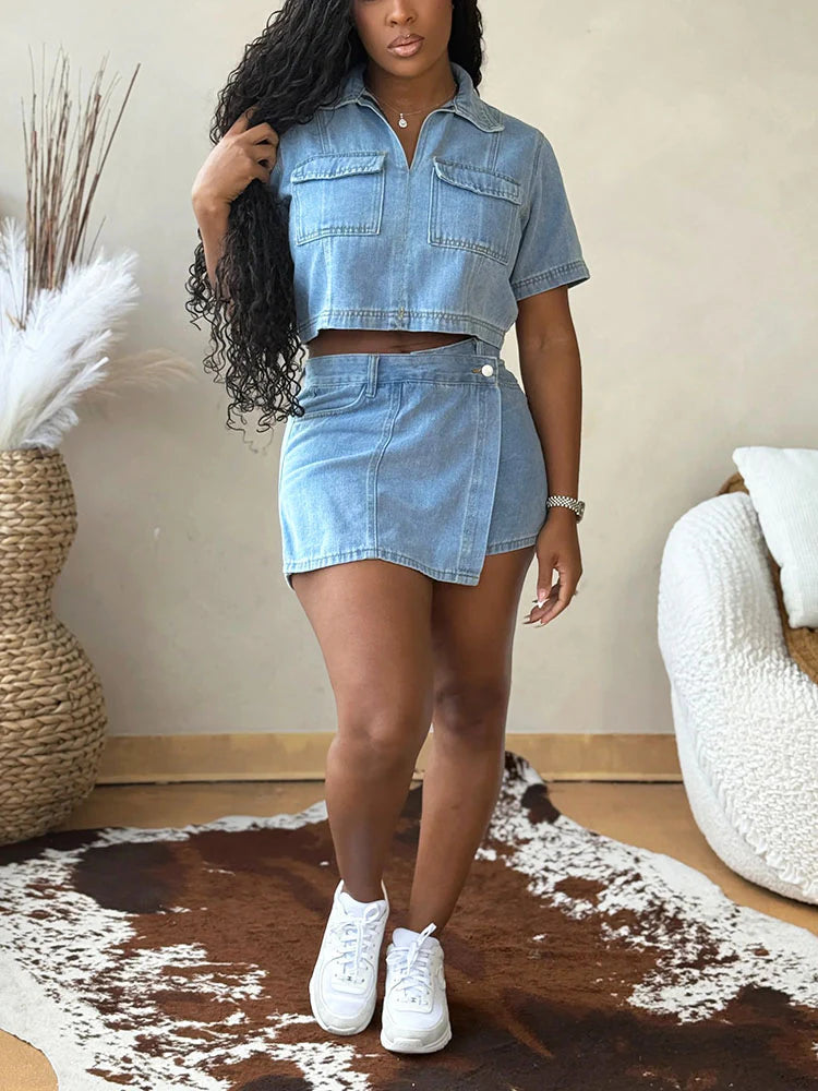 Cropped Denim Shirt And Skort Set