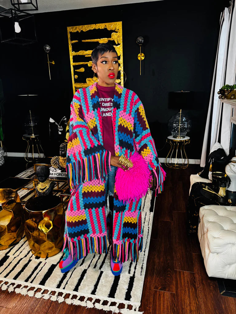 FLY GIRL CARDI | HOODED OPEN FRONT LONG CROCHET COAT KIMONO - PINK BLACK TURQUOISE BLEND