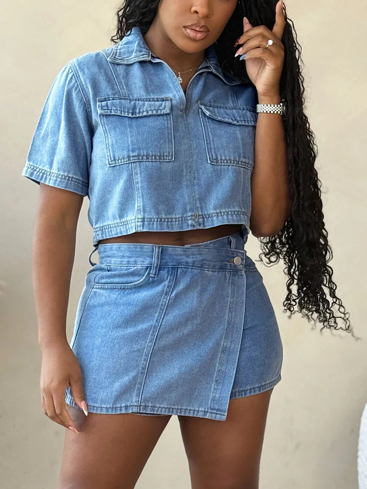 Cropped Denim Shirt And Skort Set