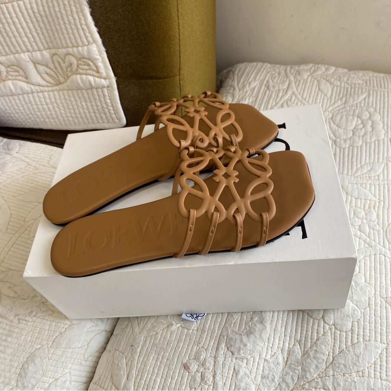 Camel Petal Leather Anagram Slide Sandals