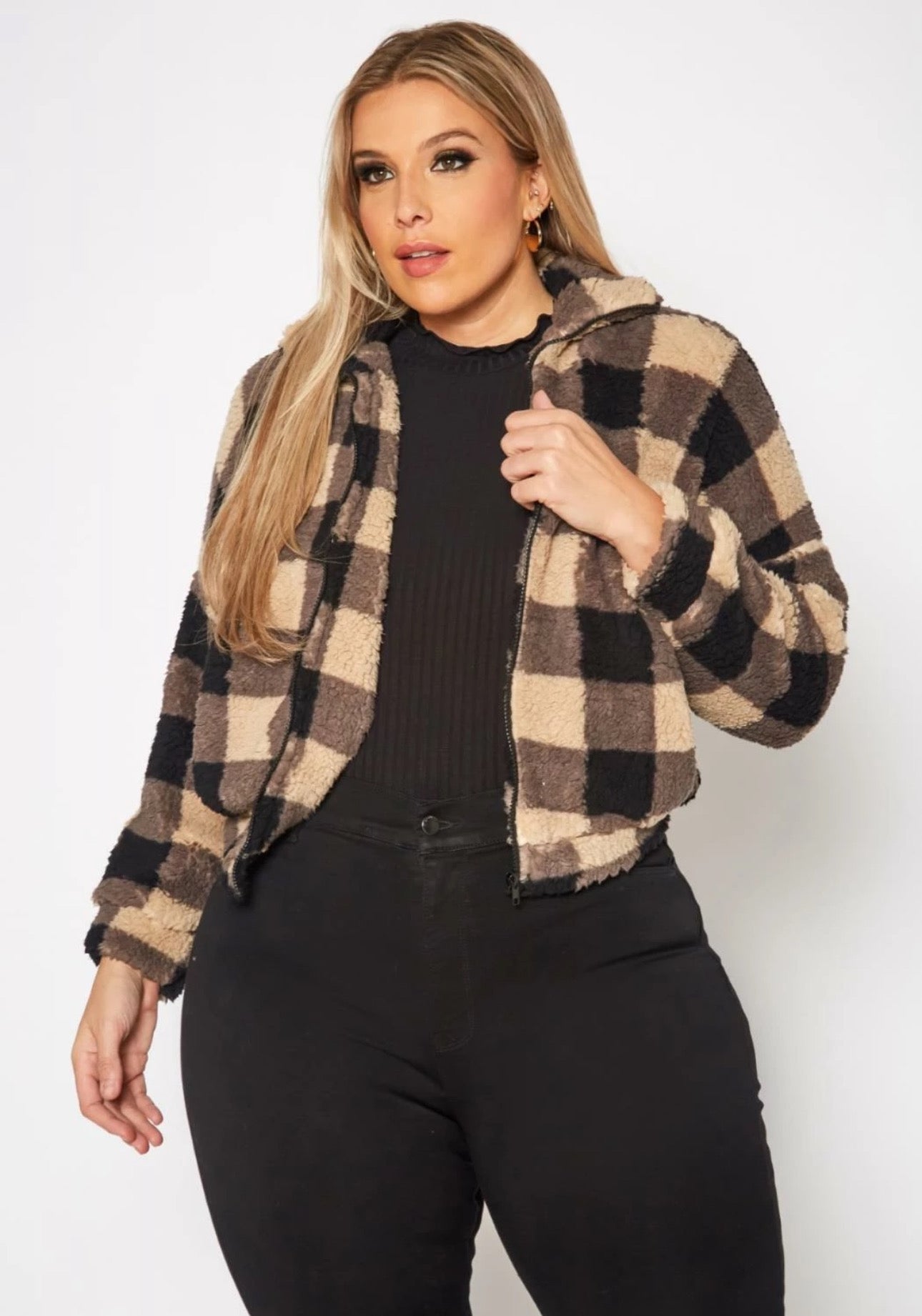 Plaid Sherpa Zip-Up Jacket – Cozy Cropped Fit 1X