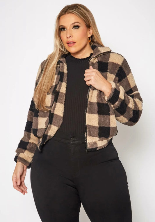 Plaid Sherpa Zip-Up Jacket – Cozy Cropped Fit 1X