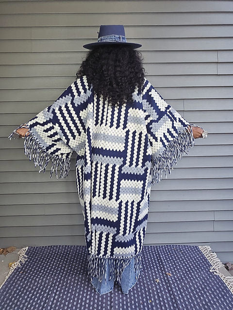 FLY GIRL CARDI | OPEN FRONT LONG COAT KIMONO - GRAY NAVY WHITE BLEND PREORDER SHIPS WITHIN 15 BUSINESS DAYS