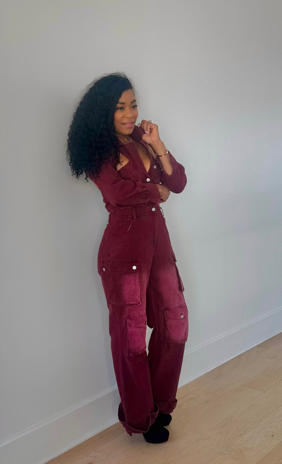 Wine Utility Denim Jumpsuit