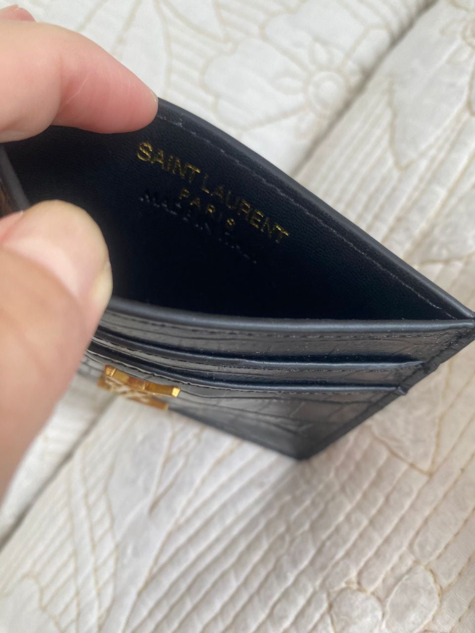 Cassandre Saint Laurent Card Case in Crocodile-Embossed Shiny Leather