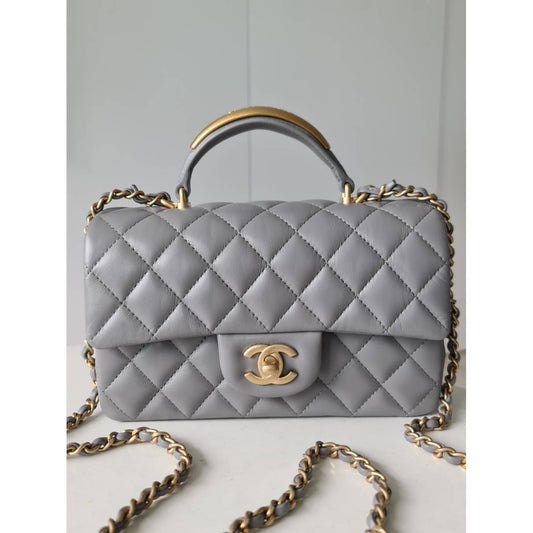 Lambskin Metal Quilted Mini Top Handle Rectangular Flap Grey